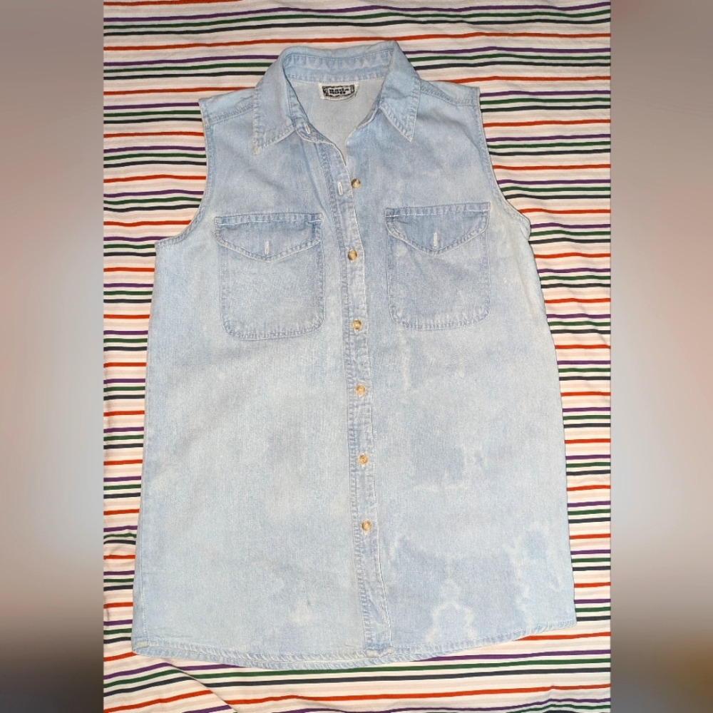 Nada Nuff Contempo Casuals Vintage Tie Dye Chambray Sleeveless Button Up Sz S